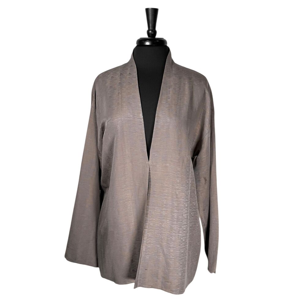 Eileen Fisher Women's Jacket L Taupe Gray Slub Silk Linen Textured Weave Kimono